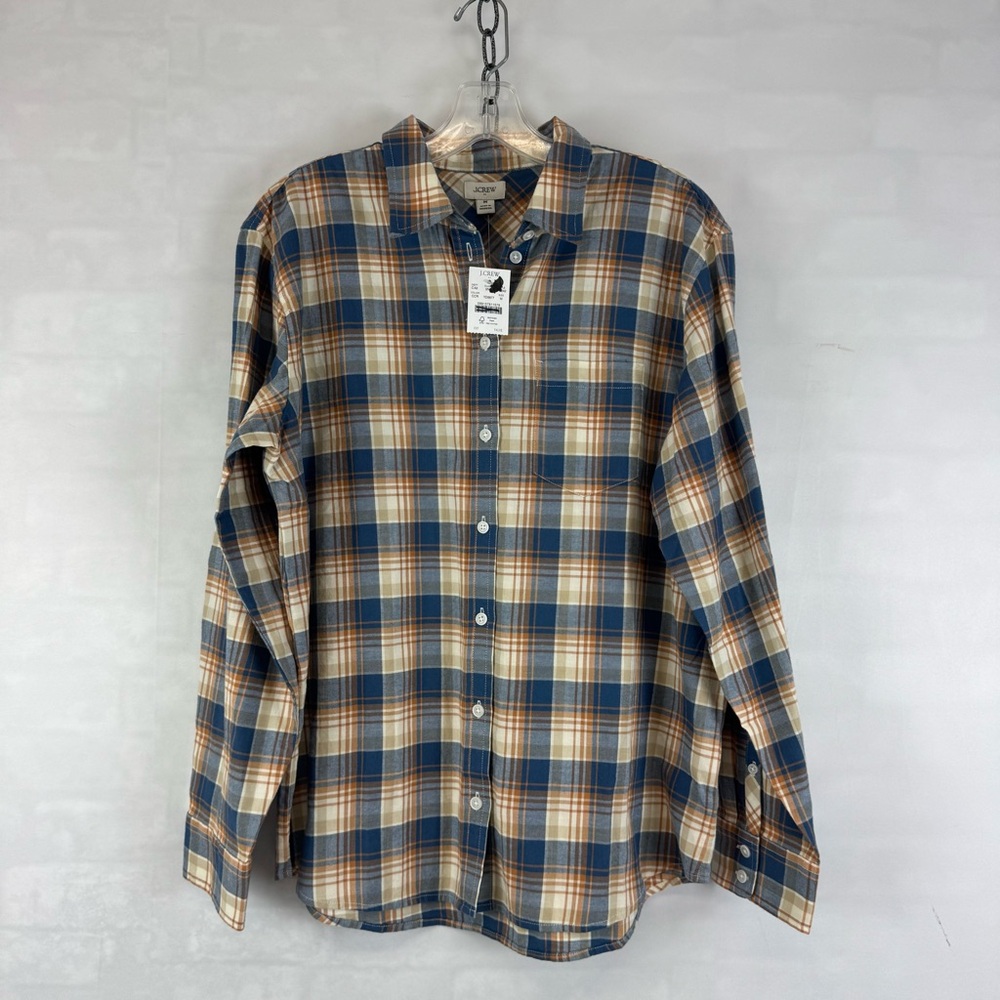J.Crew Plaid Button Down Shirt Medium Blue Tan Flannel Long Sleeve NWT